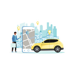 Man stands with smartphone, car. Paved path to designated point of city by gps on map, navigator. Location of guy has been established. Calling taxi, renting a car sharing in application, website.