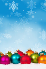 Christmas balls baubles many colorful background copyspace copy space card portrait format decoration snowflakes snow winter