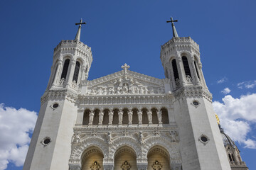 Basilica Notre-Dame de Fourviere on the Fourviere hill, dedicated to the Virgin Mary. Basilica Notre-Dame de Fourviere built between 1872 and 1884. Lyon. France.