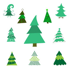 Set Different abstract green Christmas trees with tinsel and without. Collection Christmas tree decorated isolated. vector illustration.