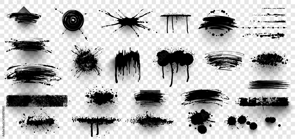 Poster ink splashes. black inked splatter dirt stain splattered spray splash with drops blots isolated. ink