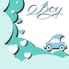 Cute, original illustration. Children's greeting card for a boy. Birth of a child. Cut from paper. Vector illustration. Write your own text. Place for text.