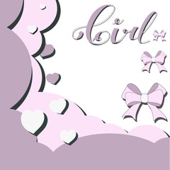 Fototapeta na wymiar Nice, original illustration. Children's card for a girl. Birth of a child. Cut out of paper. Vector illustration. Write your own text. Place for text.