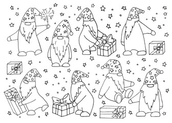 A set of cute gnomes with a beard and a hat with stars, isolated on a white background. Freehand drawing.