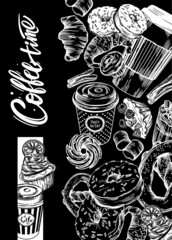 Vector illustration. Black and white line graphics. Coffee theme. Cover for the menu. Banner or postcard. Pastries, hot coffee.