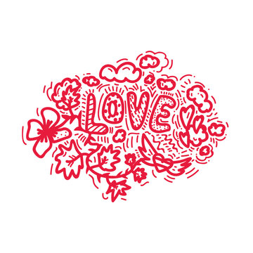 Vector illustration about love. With the inscription Love. Background for a postcard, hand - drawn in the style of doodles. The image shows hearts, clouds, red on a white background. Beautiful vector