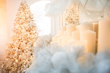 Christmas decor candle light, background bokeh illumination night mood, golden color