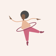 Cute fat curly africana woman twists a hoop. The body is positive, I love my body. Sport and yoga at home. Illustration for design flat cartoon style.