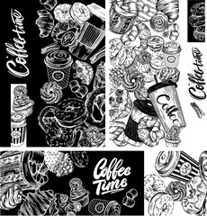 Bitmap illustration. Black and white line graphics. Coffee theme. Cover for the menu. Banner or postcard. Pastries, hot coffee. Background and design kit.