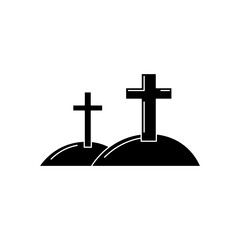 Vector isolated cross on the cemetery. Halloween icon. Hill with cross silhouette. Dia de los muertos symbol.