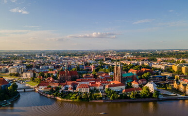 Fototapeta na wymiar Aerial panoramic view of Wroclaw old town and Cathedral on the shore of Odra
