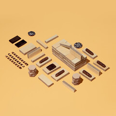 Waffle background and Chocolate in isometric space. Minimal still life food art fashion