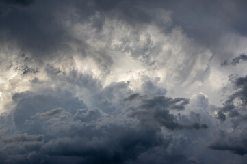 Heavy clouds background, blue, gray and white dramatic sky before big storm and rain