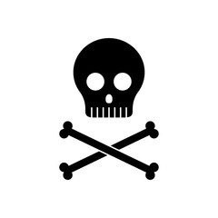 Vector black skull with bones. Isolated shape of humans bones for Halloween decoration and Dia de los muertos. Cartoon silhouette for holidays design.