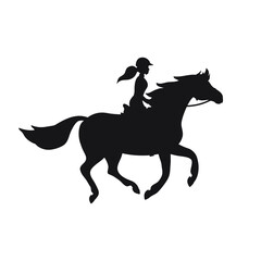 Vector flat girl woman riding a galloping horse silhouette isolated on white background