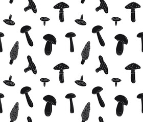 Vector seamless pattern of hand drawn mushroom silhouette isolated on white background