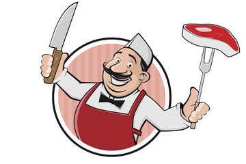 funny cartoon logo of a butcher with steak and knife