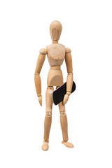Wooden mannikin standing and holding fingerboard (mini skateboard). Concept of skateboarding culture. Isolated on white background.