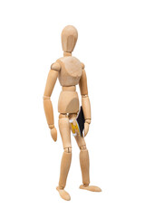 Wooden mannikin standing and holding fingerboard (mini skateboard). Concept of skateboarding culture.