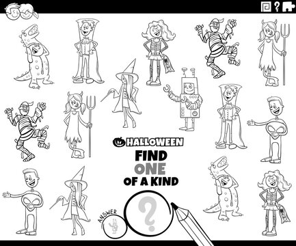 one of a kind task with Halloween characters coloring book page
