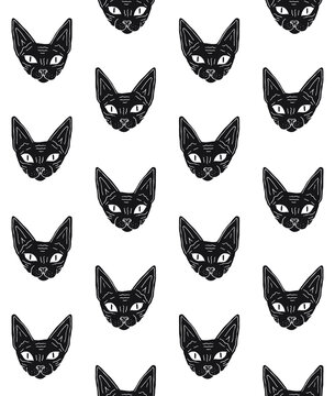 Vector seamless pattern of black hand drawn doodle sketch Sphynx cat face isolated on white background