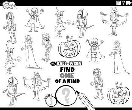 one of a kind task with Halloween characters color book page