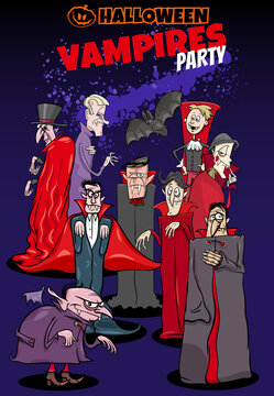 Halloween holiday cartoon poster or invitation design with vampires