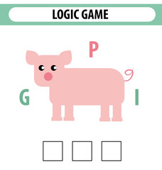 Worksheet for preschool kids.Words puzzle educational game for children. Place the letters in right order. Cute illustration of logic puzzle game for study English. Find the correct places	