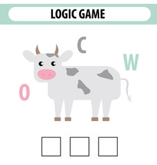 Worksheet for preschool kids.Words puzzle educational game for children. Place the letters in right order. Cute illustration of logic puzzle game for study English. Find the correct places	