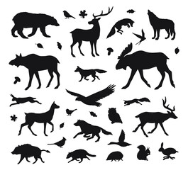 Obraz premium Vector set bundle of hand drawn wild forest animals silhouette isolated on white background