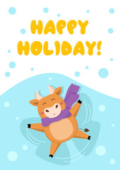 Christmas card with cute little bull in violet scarf making snow angel or butterfly. Inscription Happy Holiday