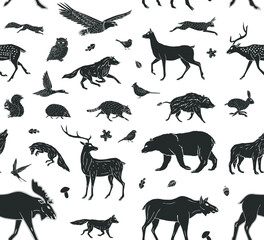 Vector seamless pattern of black hand drawn doodle sketch wild forest animals isolated on white background