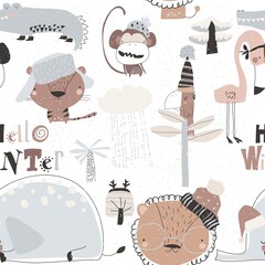 Seamless pattern with cartoon wild animals meeting winter in jungle