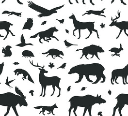 Vector seamless pattern of hand drawn wild forest animals silhouette isolated on white background