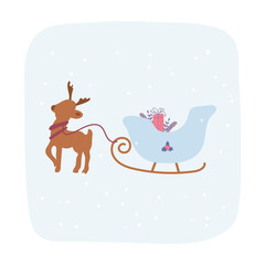 Christmas presents in sleigh with deer. Vector illustration for New Year of the bull. Simple trendy illustration for postcards, posters, calendars.