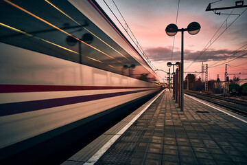 tren de cercanias pasando a velocidad fugaz al atardecer en una estacion de tren con farolas