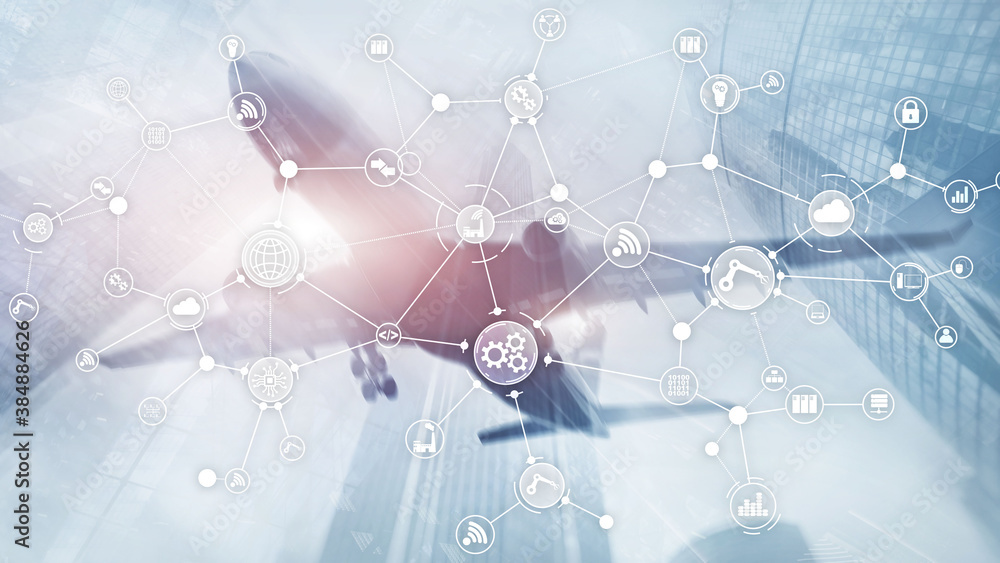 Poster technology industrial business process workflow organisation structure on virtual screen. iot smart 