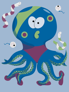 Ridiculous octopus vector illustration with worms and eyes on blue background