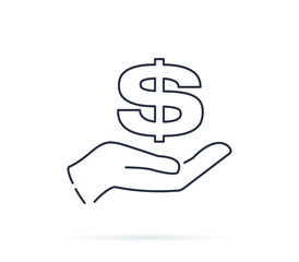 Save money icon, salary money, invest finance, hand holding dollar, line symbols on white background. Business ecommerce.