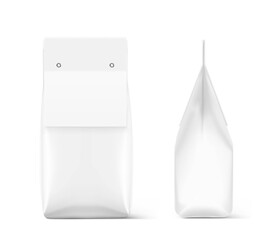 Transparent bag package with cardboard valve. Vector illustration isolated on white background. Mockup ready for your design, promo, adv. EPS10.	