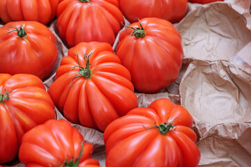 Row of red fresh Heirloom tomatoes arranged on paper at stall in farmer market.
