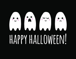 Vector hand drawn doodle sketch ghost and happy Halloween lettering isolated on black background