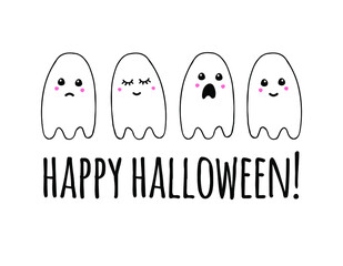 Vector hand drawn doodle sketch ghost and happy Halloween lettering isolated on white background