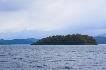 ISLA CUBIERTA DE VEGETACION, ARBOLES Y PLANTAS EN LAGO NAHUEL HUAPI, CIUDAD DE BARILOCHE, PROVINCIA DE RIO NEGRO, ARGENTINA, PAISAJES DE LA PATAGONIA