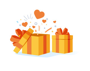 Open gift box, ribbons and confetti isolated on white background. Surprise event celebration, design for greeting