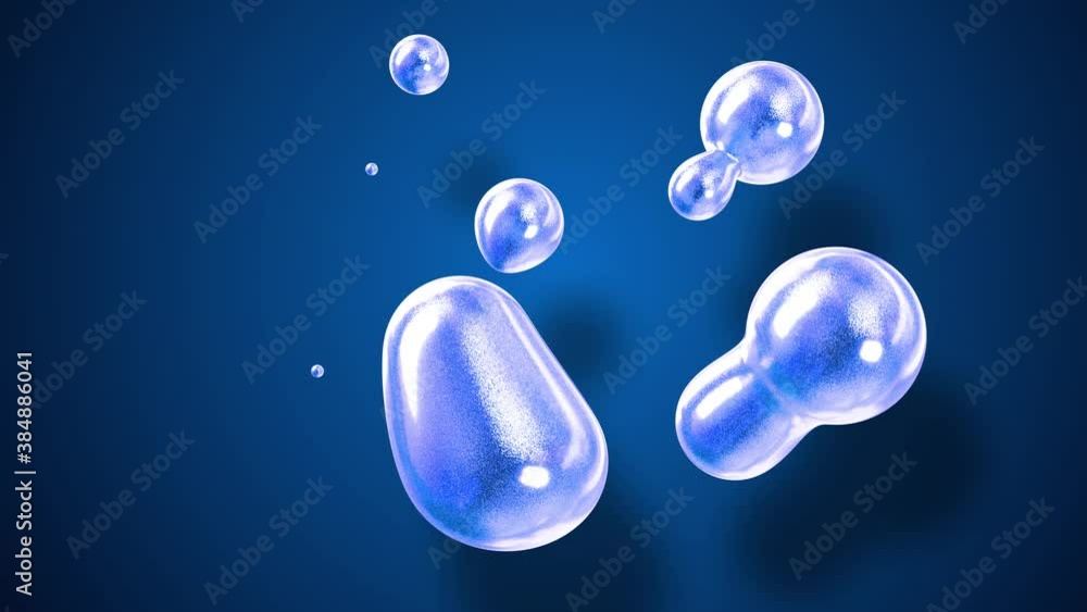 Poster amasing abstract background of metaballs as if glass drops or spheres filled with blue sparkles merg
