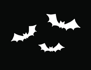 Vector set group of three white flying bat silhouette isolated on black background