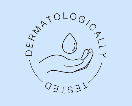 Dermatologically tested vector label with water drop, leaf and hand logo. Dermatology test and dermatologist clinically.
