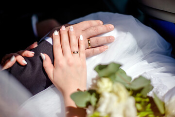 Hands of the bride and groom with wedding rings