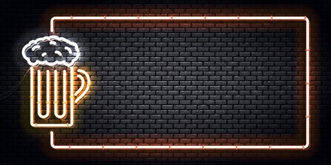 Vector realistic isolated neon sign of Beer Mug frame for decoration. Concept of cafe, pub or restaurant.